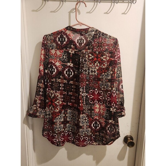 Zac‎ & Rachel Sheer Red/Black  Blouse w/ Pockets Top 3/4 Sleeve Button Down Top. - Picture 3 of 9